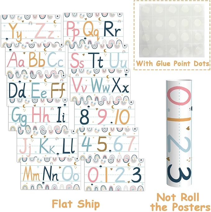 gisgfim 12 Pieces Alphabet Bulletin Board Strips Set Boho Rainbow Alphabet Line ABC Alphabet Banner & Number Border Posters for Classroom Bedroom Playroom (Boho Rainbow)