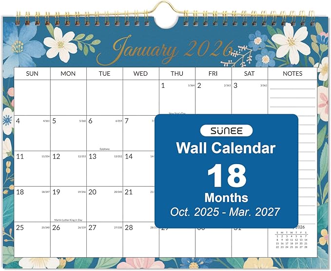 SUNEE Calendar 2026 Wall- 18 Months Wall Calendar Oct. 2025 - Mar. 2027, 11"x8.5" Horizontal Hanging Calendar with Note for Organizing & Planning, Floral