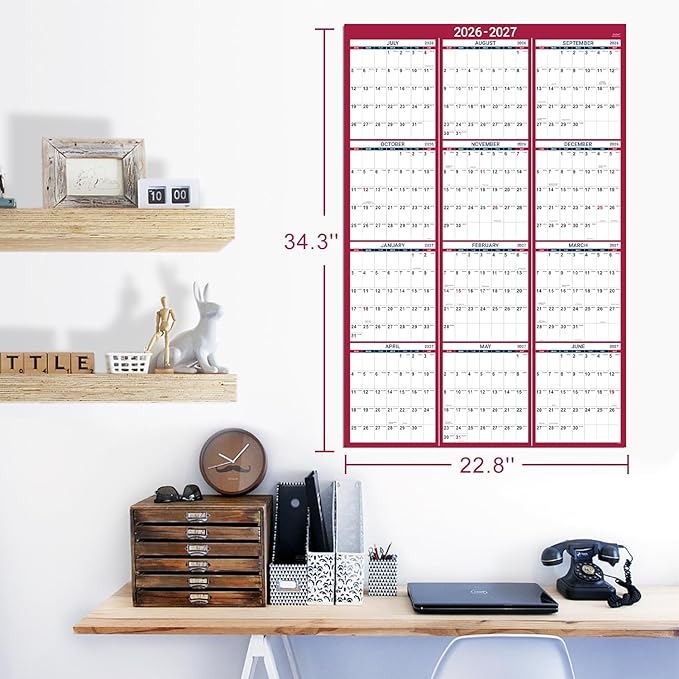 2026-2027 Yearly Wall Calendar - 2026-2027 Calendar, July 2026 - June 2027, 34.4" x 22.8"(Open), Yearly Wall Calendar 26-27, Vertical Layout, Double-Sided Round Stickers, Large Calendar - Red