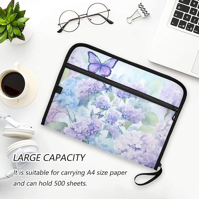 Expanding File Folder Purple Hydrangea Flower Butterfly Accordion File Organizer 13 Pockets Document Organizer with Zipper Labels A4 Letter Office Storage