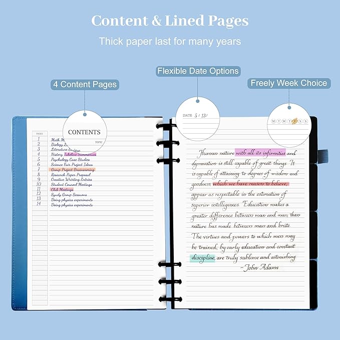 Yoment Refillable Notebooks for Work 5 Subject with Removable Dividers Tabs 240 Pages Hardcover Leather Journals for Writing Large Discbound Planner Colleged Ruled Paper for Women Men 8.58 x 11,Blue