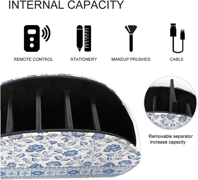 Blue and White Flower Office Desk Organizers with 5 Compartments, Remote Control Holder Desktop/TV Stand/Nightstand Remote Caddy,for Glasses/Cosmetic Brushs/Pens