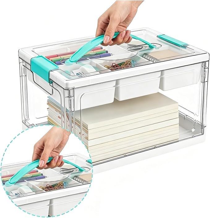 Tebery 2 Tier Plastic Craft Storage Organizer, Clear Foldable Arts Supply Container Box with Adjustable Dividers, Portable Sewing Tools Bin with Lids and Handle for Home, Office, Travel