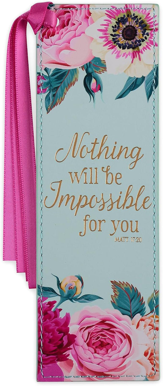 Christian Art Gifts Vegan Leather Scripture Bookmark for Women: Nothing Will Be Impossible for You - Matthew 17:20 Inspirational Bible Verse, Faith-Based Reading Accessory w/Tassel, Mint Green Floral