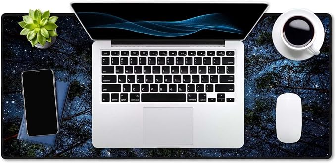 SSOIU The Milky Way and The Trees Mouse Pad 35.5 X 15.7 Inch XXL Night Sky Full Desk Mousepad Extended Large Non-Slip Rubber Base Waterproof Big Keyboard Mat with Stitched Edges for Gaming and Office