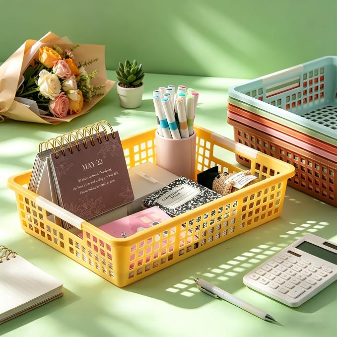 12 PCS Plastic Classroom Turn in Paper Trays Storage Bin Basket Organizers Holds 4A Paper File for School Teacher Supplies Classroom Office Home Organization and Storage Tray (Boho)