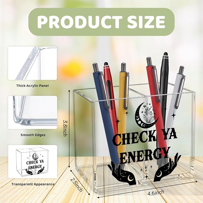 Funny Witchy Acrylic Cosmetic Pencil Pen Holder Check Ya Energy Pen Holder Cup Spiritual Witch Gifts for Women Men Colleague Boss Decor for Home Office Desk Accessories