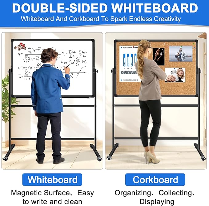 Max-officoo 40"x30" Double Sided Moblie Magnetic Dry Erase Board on Rolling Wheels, Height Adjustable & Angle Corkboard and Whiteboard with Stand