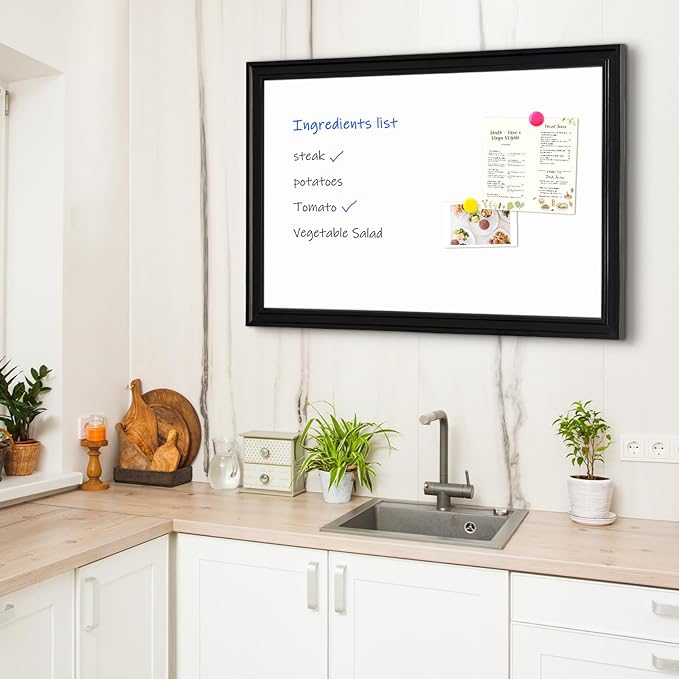 4 THOUGHT Magnetic Whiteboard 36" x 24" Dry Erase Board Wood Frame Wall-Mounted Decorative White Board Monthly Planner Notice Board for Office School Home with 8 Magnets 4 Markers 1 Eraser, Black