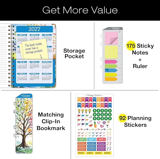 HARDCOVER Academic Year 2026-2027 Planner: 14 Months (May 2026 Through June 2027) 5.5"x 8" Daily Weekly Monthly Planner Yearly Agenda. Bookmark, Pocket Folder and Sticky Note Set (Tree Seasons)
