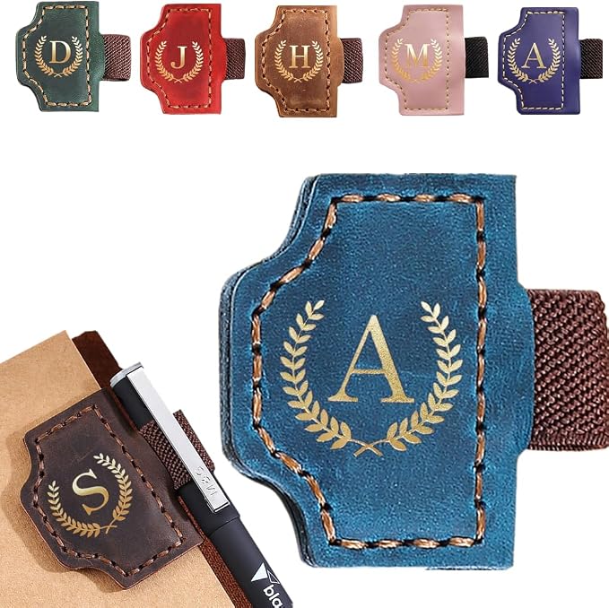 Personalized Mark Bookmark with Pen Holder, Leather Magnetic Book Marker 26 Letters,Custom Initials Page Marks, Gifts for Book Lovers Readers Men Women (Blue, A)