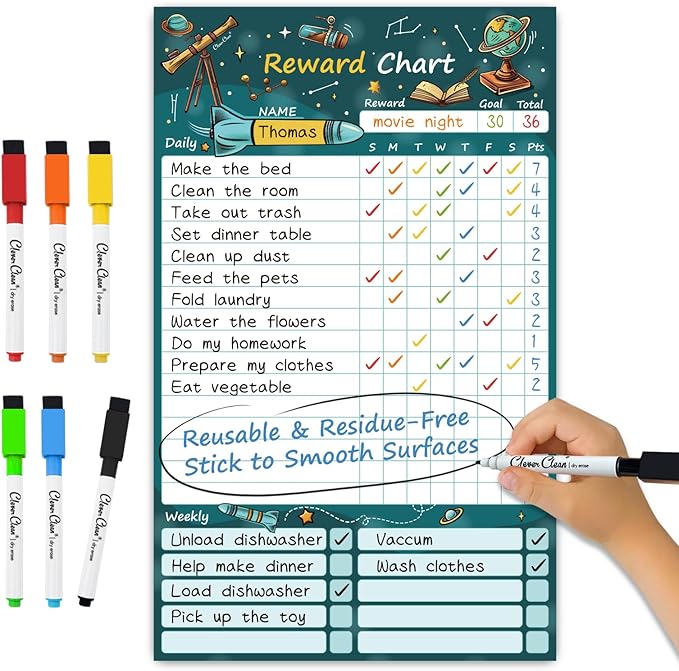 Clever Clean Dry Erase Chore Chart for Kids, Reusable Reward Chart, Non-Magnetic Kids Chore Board Clings to Any Smooth Surfaces, 6 Dry Erase Markers Included (Science)
