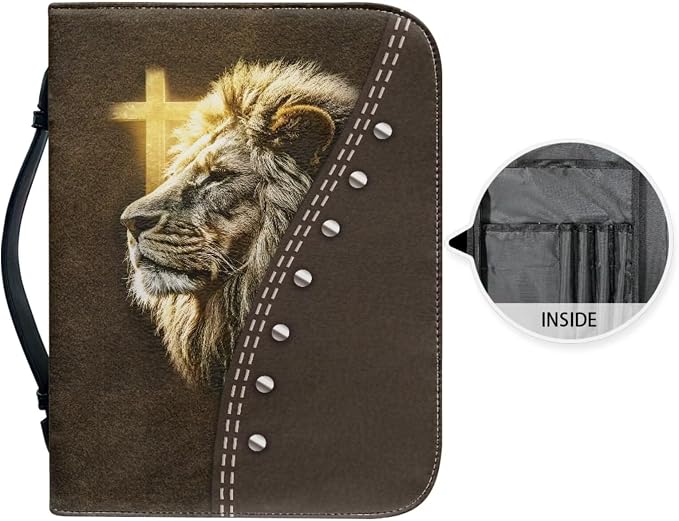 Retro Religious Cross and Lion Bible Case with Bookmark Waterproof Bible Cover Case for Women Lightweight Bible Bag with Handle Pockets Church Book Bag Brown