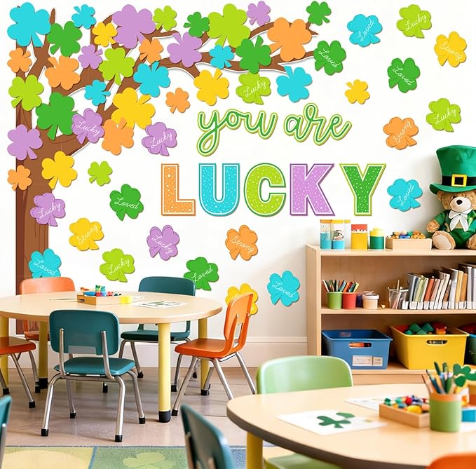 Whaline 99 Pcs St. Patrick's Day Tree Bulletin Board Decoration Colored Shamrock Clover Tree You are Lucky Charm Paper Cutouts with 200 Pcs Glue Points for Irish Party Classroom Wall Decor