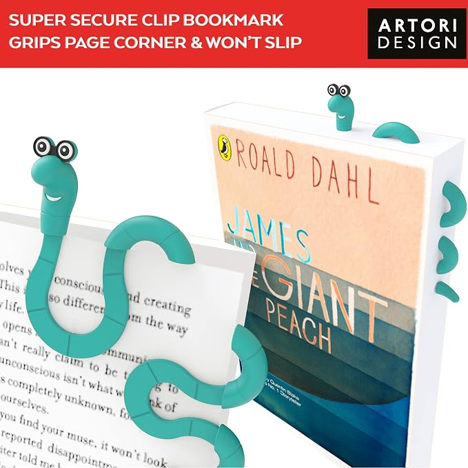 Artori Design Funny Cool Book Marks for Reading - Wally the Bookworm Clip Bookmark for Kids, Women & Men, Cute Bookworm Gift, Fun Reading Accessory (Turquoise)