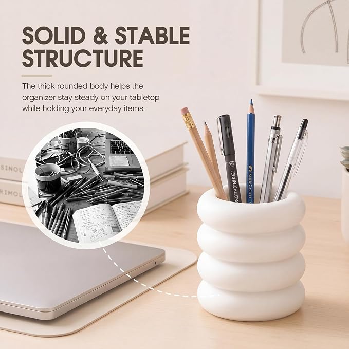 Aesthetic Desk Organizer Boho Pen Holder Modern Pencil Holder Beige Plastic Makeup Brush Organizer for Office Desk Accessories Stylish Home Office Art Decor Supplies(Wavy)