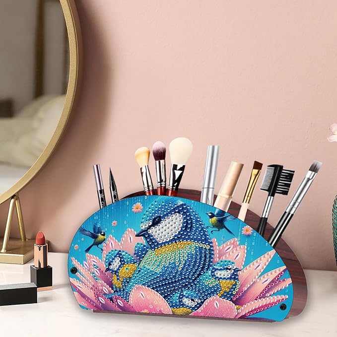 Remote Control Holder with 4 Compartments, DIY Diamond Art Painting Wooden Half Moon TV Control Holder for Remote Controllers, Office Supplies, Makeup Brush, Media Accessories-Bird-1