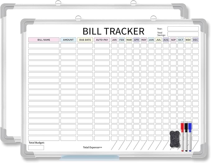 Feifeiya 24 x 18 Inch Monthly Bill Payment Tracker Organizer Whiteboard Aluminum Frame Wall Monthly Bill Payment Checklist Magnetic Dry Erase Board Planner for Personal Budgeting Financial(Classic)