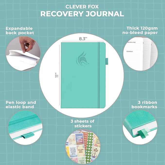 Clever Fox Addiction Recovery Journal Large – Guided Sobriety Workbook for Alcohol, Drug, Gambling, Eating & Other Addictions – Daily Planner to Support Recovery Progress, 8.3x11” (Light Turquoise)