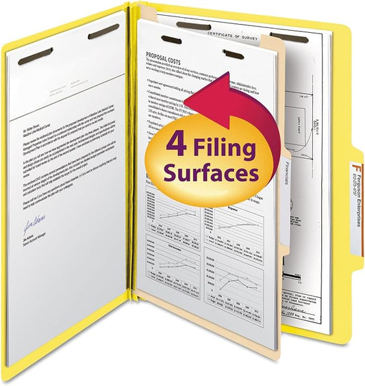 Smead Classification Folder with Prongs, 1 Divider, 2" Fasteners, Letter Size, for Documents Organization, Durable File Organizer for Home, School or Office, Yellow (13704)