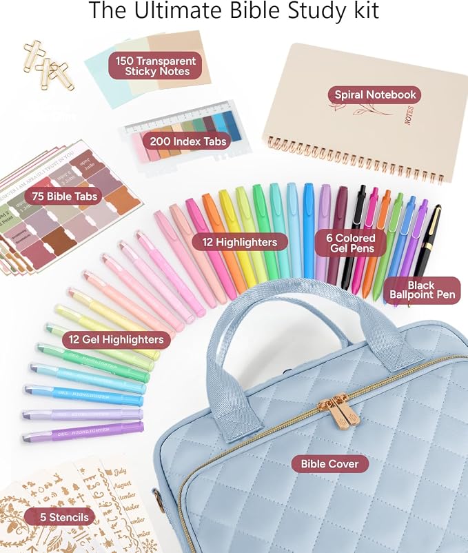 All-in-One Bible Journaling Kit – Quilted Bible Cover Case for Women, 31 Highlighters, 75 Tabs, Bible Study Supplies & Christian Gift for Women and Teens (Shoulder Strap, Grayishi Blue)