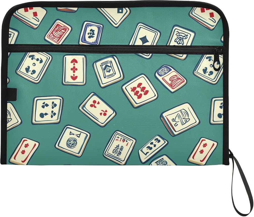 File Folders Green Mahjong Style Plastic Folders with 13 Pockets, Expandable File Folder for Documents School Students Office, Aesthetic Folder with Labels A4 Letter Size