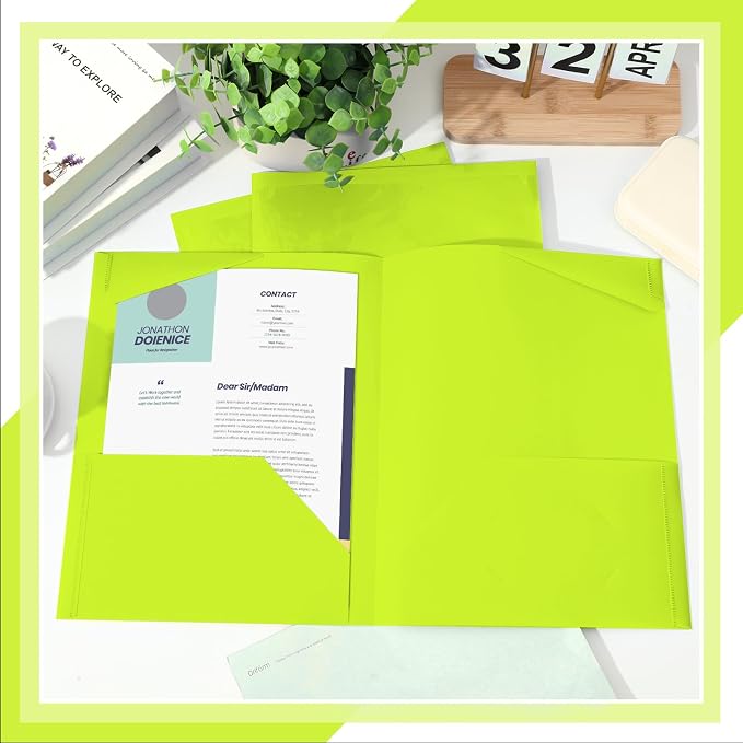 Henoyso 36 Pack Fluorescent Green Plastic Folders with Clear Front Pockets Heavy Duty File Folders with 2 Pockets and Card Slot for Student Communication School Office Presentation Report