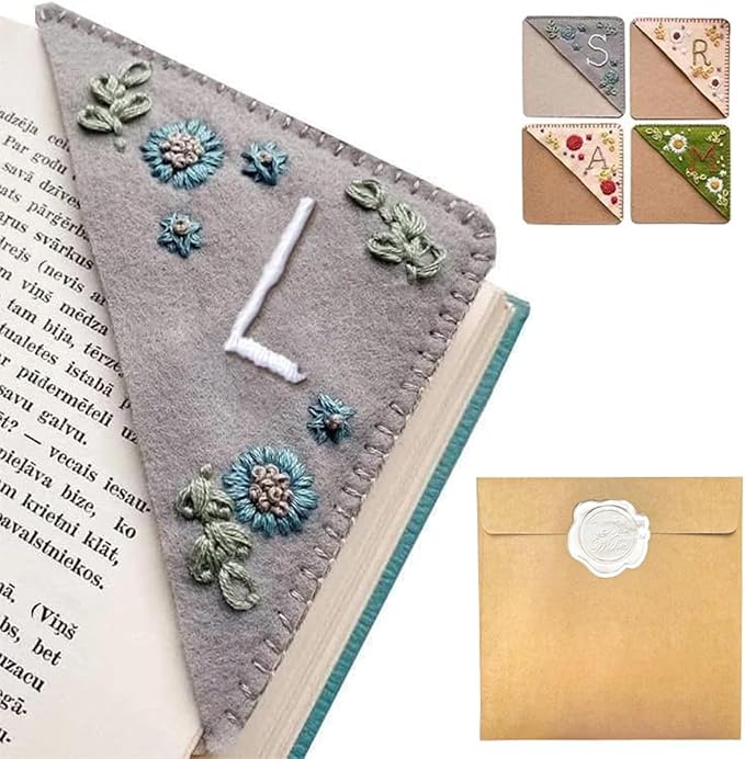 Personalized Hand Embroidered Corner Bookmark, 26 Letters Hand Stitched Felt Corner Letter Bookmark, Cute Flower Embroidery Bookmarks for Book Reading Lovers Meaningful Gift (Winter，L
