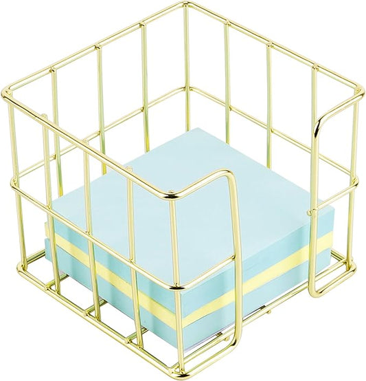 Gold Sticky Note Holder for Desk, 3x3 Metal Wire Memo Pad Dispenser, Cute Square Post Note Cube Organizer, Office Desk Accessories for Women (3.74 Inch)