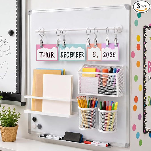 5 Pcs Classroom Whiteboard White Magnetic Organizer Set with 3 Magnetic Pen Holder Calendar Rod and Book File Shelf for Stationery Organizer Classroom Back to School Supplies