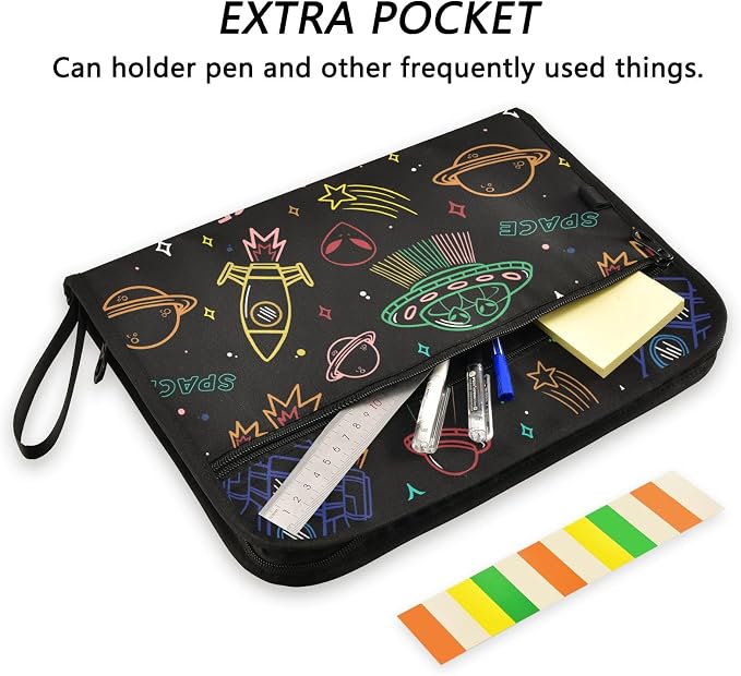 13 Pockets Expanding File Folder UFO Aliens Spaceship Colorful with Sticky Labels Accordion File Folder Document Organizer Letter Size A4 Papers Expandable File Keeper