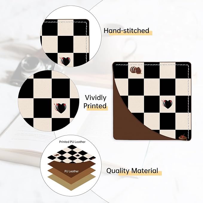 2 Pack Black and Pink Checkered Leather Book Corner Bookmark, Durable Handmade Reading Accessories - Gifts for Readers, Women, Men, Teachers, Students