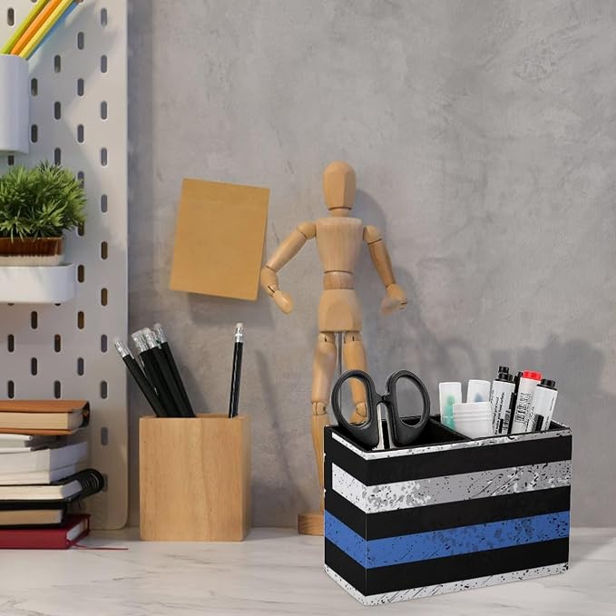 Office Storage Pen Holder Thin Blue Line Retro American Flag Police Pattern Black, Decoration Office Desk Square Pens Pencils Holder, Pencil Desk Organizer in PU Leather, Pencil Container