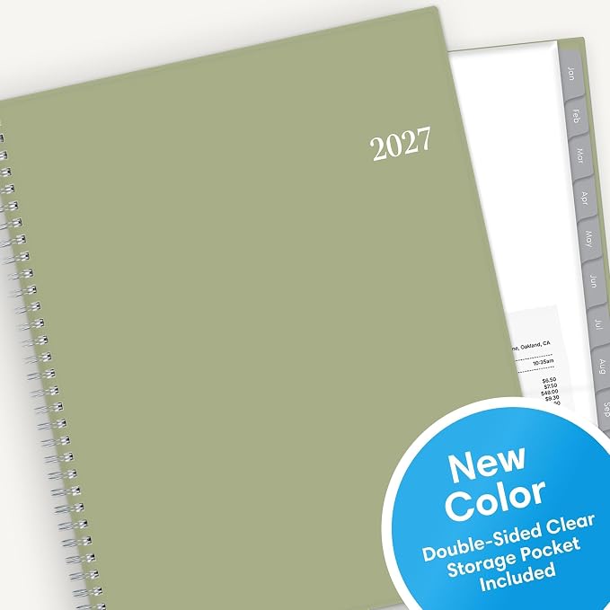 Blue Sky 2027 Weekly and Monthly Planner Calendar, Includes January 2027 - December 2027, 8.5" x 11", Flexible Cover, Wirebound, Laminated Tabs, Storage Pocket, Enterprise Sage Green