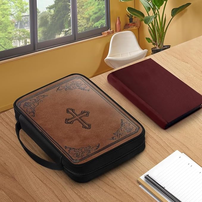 Cross Design Bible Cover for Women Men with Handle Portable Book Carrying Cases Church Bag