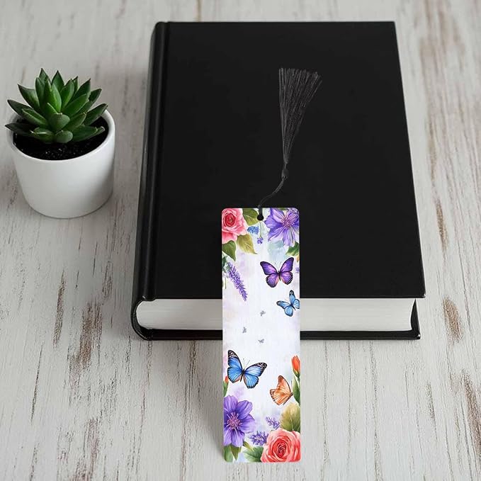 Purple Butterflies Bookmarks Set 5 with Tassels Insect Blue Pink Wooden Bookmarks for Reading Women Men Students Teachers School Supplies