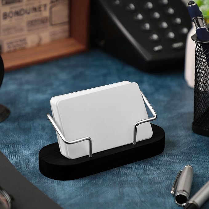Amyhill 2 Pcs Wood Business Card Holder for Desk Wooden Business Card Display Stand Postcard Organizer for Office Home Desktop(Black)