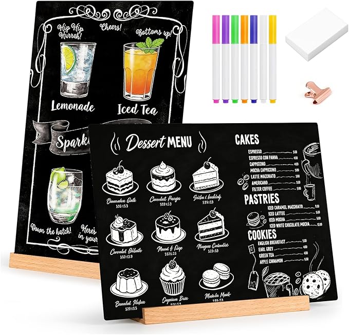 Tabletop Chalkboard with Wood Stand - 2 Pack, 8 x 12 Inch Double Sided Blackboard Food Signs Menu Message Boards for Coffee Bar, Lemonade Stand, Party Decoration - Slant Back