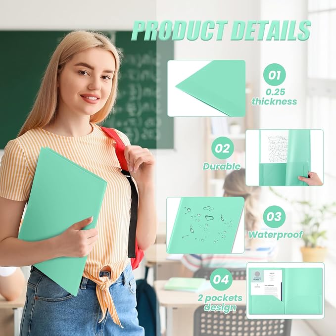 Gueevin 100 Pack Plastic Folder with Pockets, 2 Pocket Folders, Plastic Glossy Folders Fit Letter Size Paper, Heavy Duty Durable File Folder with Business Card for Home Office School (Light Green)
