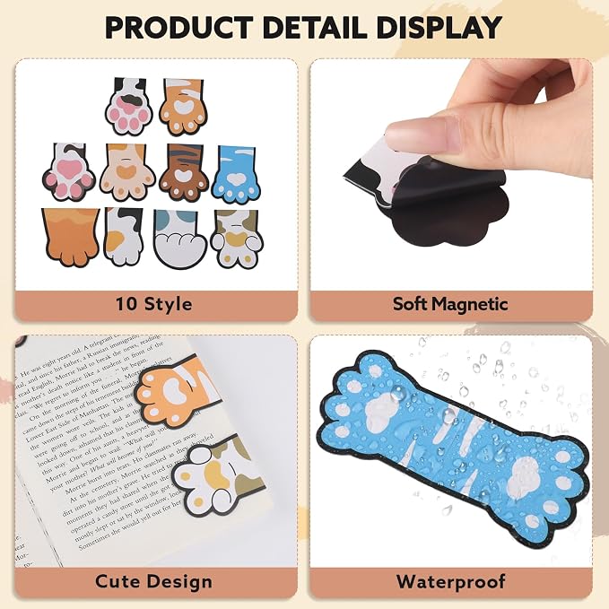 10Pcs Magnetic Bookmarks, Cute Cat Paw Bookmarks Funny Book Marker Clips Graduation Birthday Gifts for Women Reading Book Lover Gifts