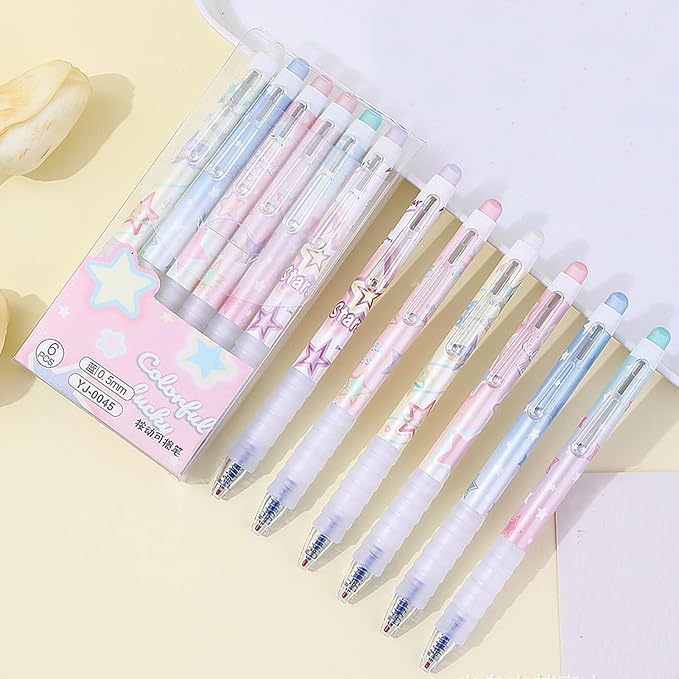 MOZXIRZ 6 Pcs Erasable Gel Ink Pens Retractable Pens 0.5mm Blue Ink Pen Office School Supplies Cute Aesthetic Pen (Blue Ink-Stars)