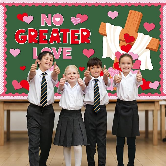 Valentines Day Bulletin Board Decorations Set NO Greater Love Religious Heart Paper Cutouts Classroom Decor for Christian Church School Wall Decoration Supplies
