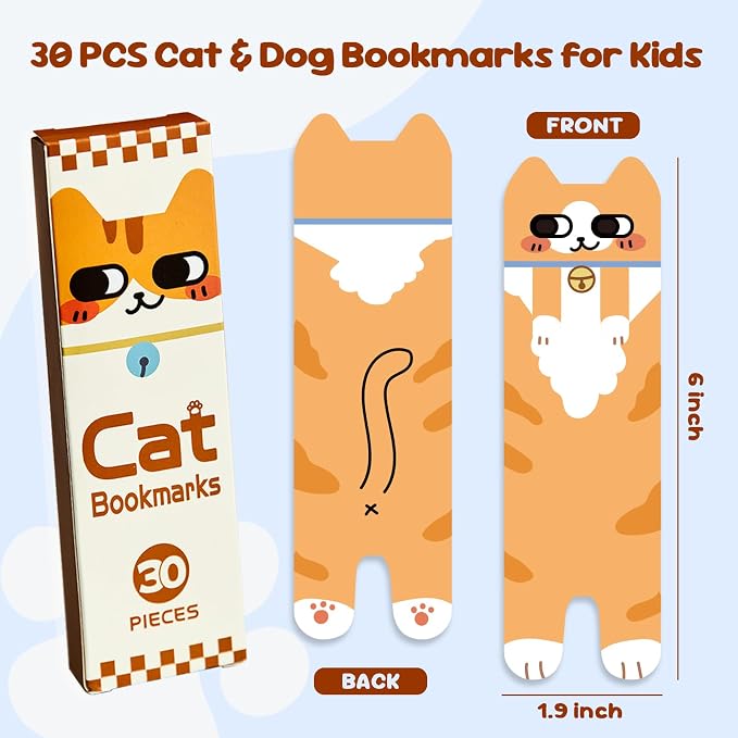 30Pcs Cat Bookmarks, Cute Paper Book Marks for Reading Kids, Double-Print Bookmark for Book Lovers, Student, Girls, Boys, Classroom