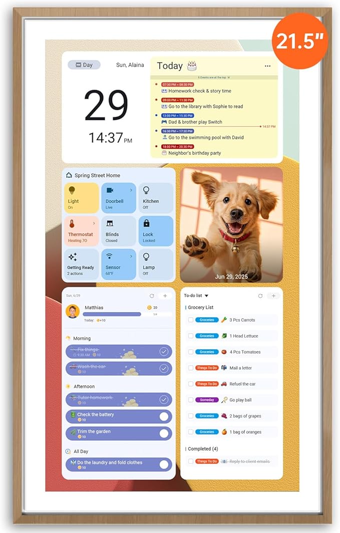 Apolosign 21.5-inch Digital Calendar : Dual Mode Smart Wall Planner, No Subscription, Install Apps, Sync Calendars, Electronic Touchscreen Interactive Display for Family Schedules, Chore Chart (Teak)