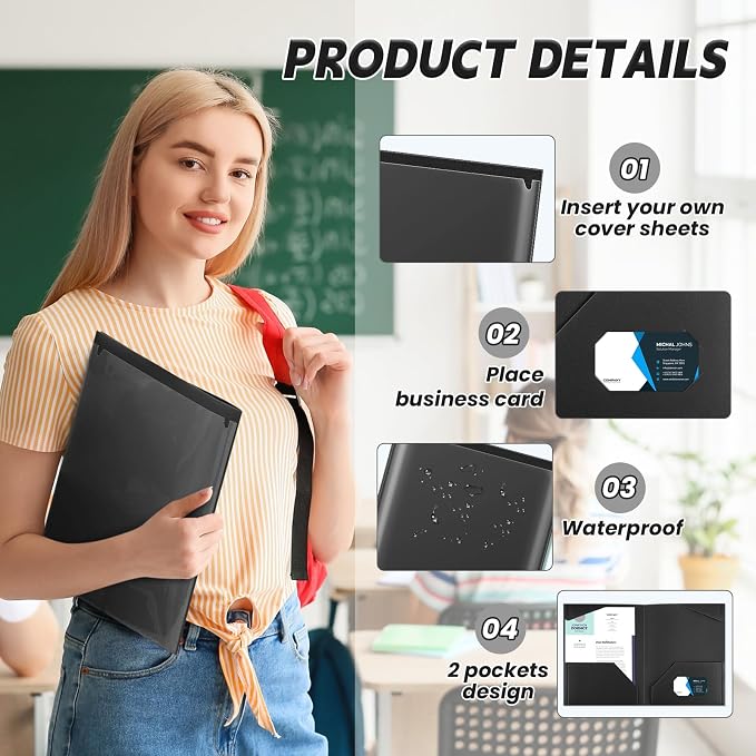Henoyso 18 Pack Black Plastic Folders with Clear Front Pockets Heavy Duty File Folders with 2 Pockets and Card Slot for Student Communication School Office Presentation Report