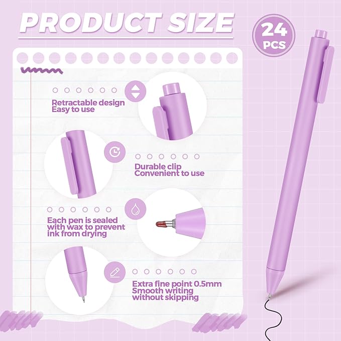 Cholemy 24 Pack Retractable Pens Bulk Pastel Gel Ink Pens 0.5mm Fine Point Tip Black Ink with Grip Smooth Writing for Journaling Note Taking School Supplies(Purple)