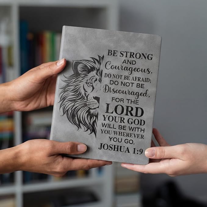 Fuyoooo 4 Pcs Christian Gifts for Men Father's Day Pastor Appreciation Gifts Vintage Leather Hardcover Notebook 1 Timothy 6:11 Religious Bible Verse Pen Joshua 1:9 Bookmark & Box(Lion,Gray)