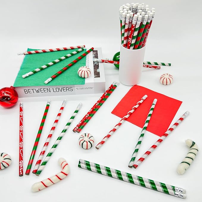Cinrobiye 100 PCS Christmas Pencils Bulk,Christmas Candy Cane Writing Pencils with Eraser Xmas Stationery Pencil for Holiday School Party Favors Stocking Stuffers Classrooms Student Rewards