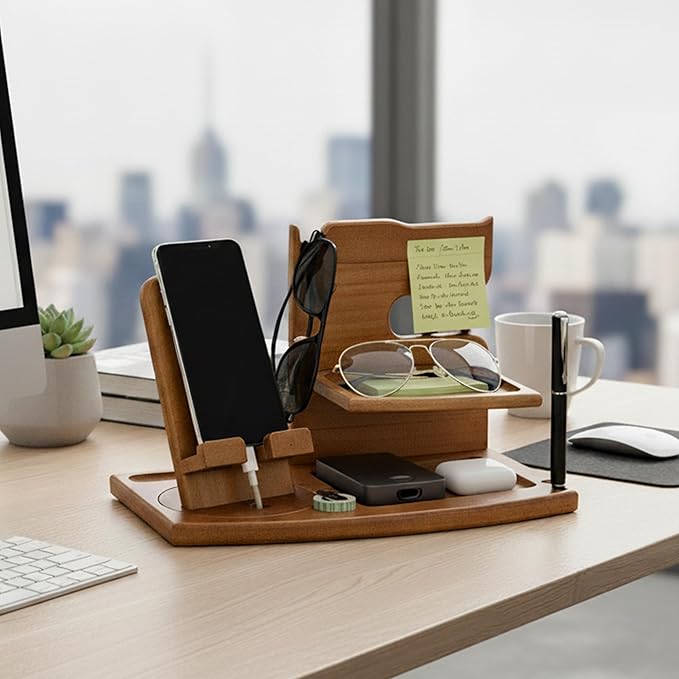 Wooden Desk Organizer with Phone Stand - 11.2"×7.3"×7.3" Multifunctional Desktop Storage for Phone, Glasses, Watch, Office Supplies, Bedside Organizer & Wood Dock Station