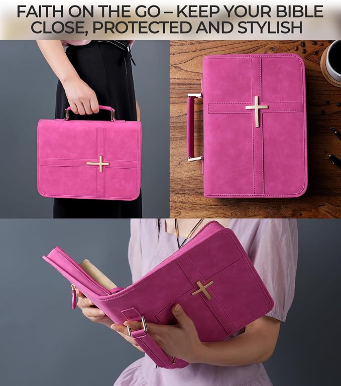 Vegan Leather Bible Cover Case, Bible Bag with Phone Pocket, Bible Case for Men Women, Christian Gift Box Packaging (Rose)